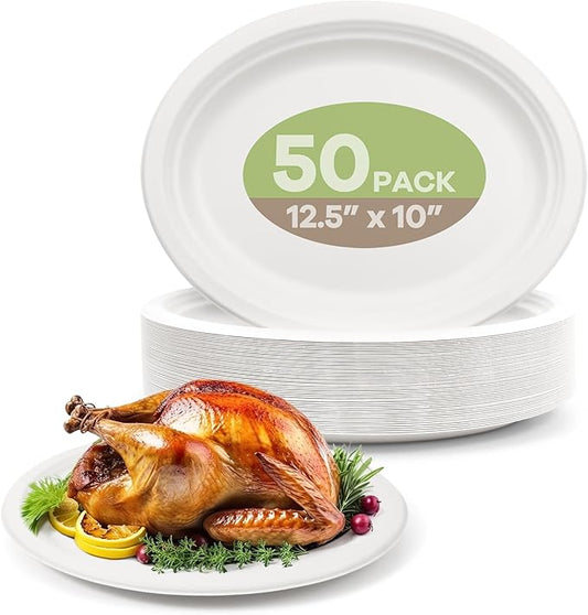 100% Compostable Oval Paper Plates, 12.5Inch 50Pack Disposable Heavy Duty Bagasse Platters Eco-Friendly Biodegradable Sugarcane Plates for BBQ, Party, Picnic - Off White