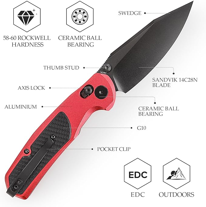 Crossbar Lock Knives，Folding Pocket Knife for Men, Camping EDC Knife with Clip，3.34” 14C28N Steel, Thumb Stud Blade，Aluminium & G10 Handle.Hornet-08R