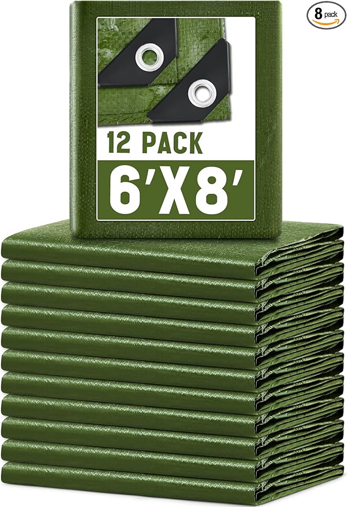 8 Pack 6 x 8 ft 5.5 Mil Large Tarps Heavy Duty Waterproof Tarp Multi Purpose Tent Cover for Home Boats Cars Camping Patio Furniture Roof Emergency Rain Protective Cover, Army Green