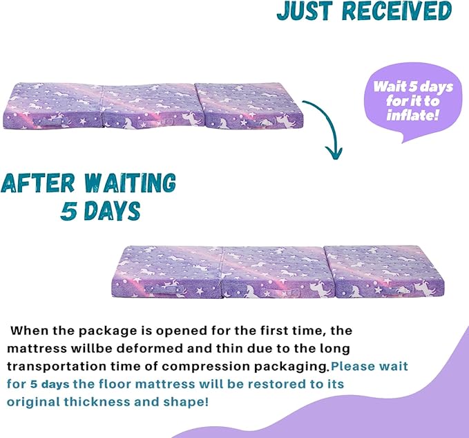 MeMoreCool Foldable Floor Mattress for Kids, Glow Unicorn Toddlers Trifold Nap Mat, Kids Folding Mattress Portable Sleeping Futon for Daycare or Floor Bed, 57x22 Inch Purple