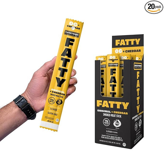 FATTY Meat Sticks, High Protein, Made with Grass Fed Beef, Pork Raised Without Antibiotics, 13g Protein Per Stick, Original Cheddar, 2 oz. (Pack of 20)