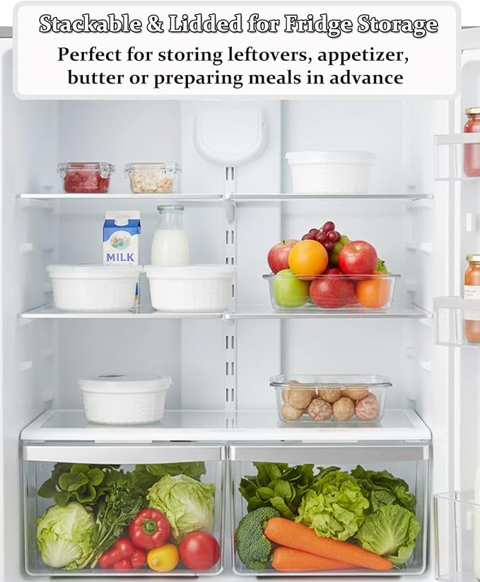 Ceramic Ramekins with Lids Oven Safe Set of 4, Baking Bowls for Dessert, Food Storage Bowls with Airtight Lids, Meal Prep Containers, Lunch Office Meal for Microwave and Freezer, White Ripple