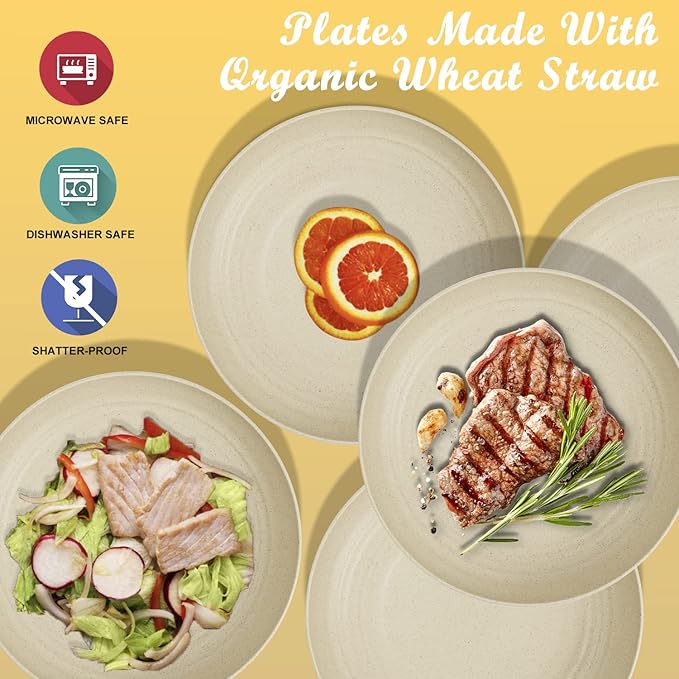 Wheat Straw Dinner Plates Set of 8 - 10 Inch Unbreakable, Dishwasher & Microwave Safe, Lightweight for Kitchen, R.V. (Beige)