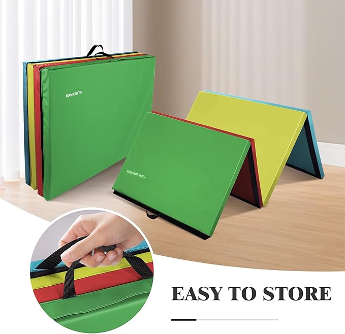 Folding Exercise Gymnastics Mat, 4'x8'x2" Gym Workout Mat with Carrying Handles 4-Fold High-Density Anti-Tear Portable Fitness Aerobics Mat for Home Gym Yoga Pilates Tumbling MMA Core Training