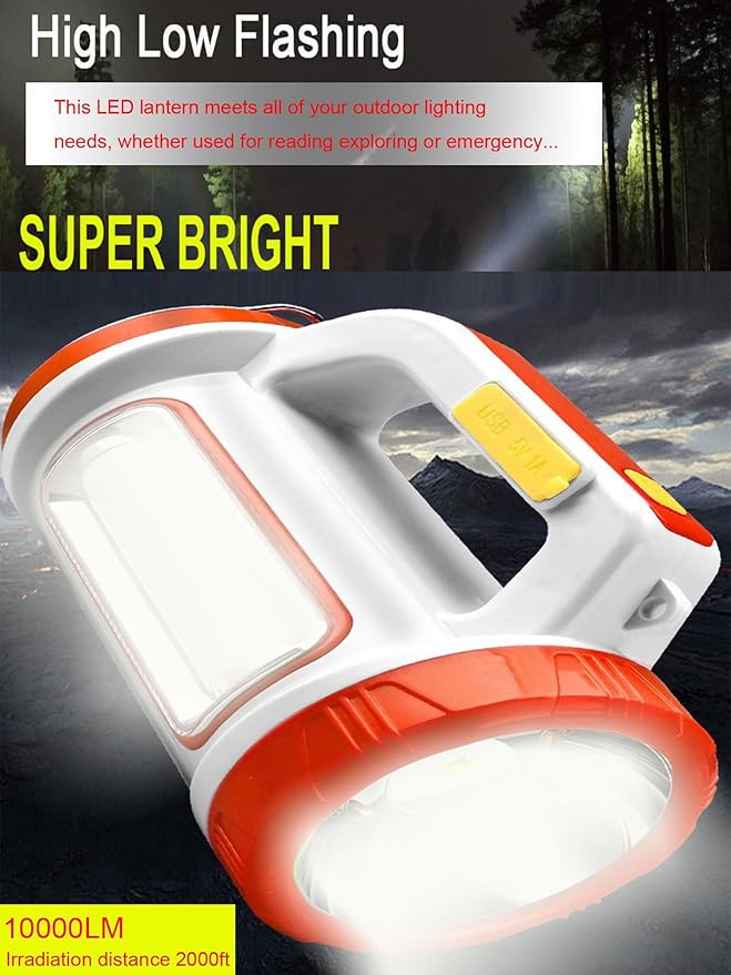 Solar Rechargeable LED Flashlight Lantern, Super Bright 10000LM Handheld LED Spotlight Searchlight, Multifunction Camping Lantern Work Light, 5 Light Modes, Waterproof for Emergency, Home