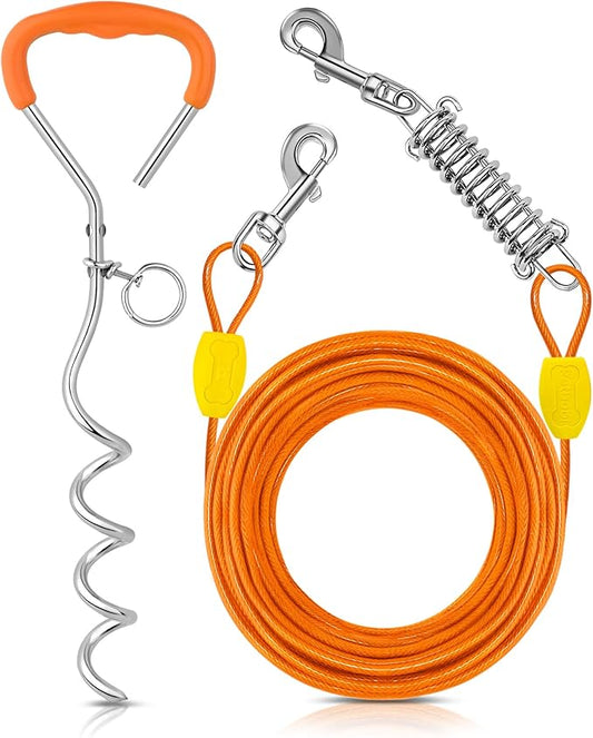 Petbobi Dog Tie-Out Cable and Stake - 50ft Heavy Duty Cable with Spring, No Tangle, 16in Ground Stake, Ideal for Yard, Camping and Beach, Suitable for Small Medium Large Dogs Up to 120 lbs, Orange