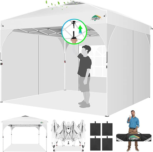 COBIZI 10x10 Pop up Canopy, Canopy Tent for Party with One Push Central Button Air Vent, Event Shelter with Sidewalls and Reflective Strip (White)