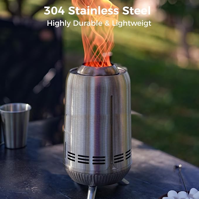 KingCamp Smokeless Fire Pit, Ultralight Stainless Steel Fire Pits Portable Camping Stove with Stand, Removable Ash Pan & Carry Bag for Camping Outdoor Bonfire Patio Backyard Chisel Steel