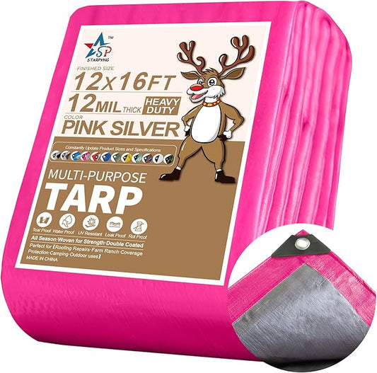 STARPYNG-12 Mil Pink/Silver 12x16 Feet Tarp-Heavy Duty Poly Tarp-Cover,Waterproof, UV Resistant, Weather Resistant, Cover Cars, Boats, Courtyards,Camping