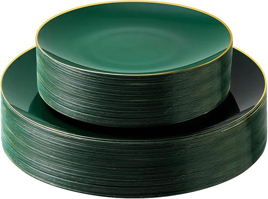 50PCS Green Gold Plastic Plates, Green Disposable Plates for Party, Wedding, Include 25 Dinner Plates, 25 Dessert Plates for 25 Guests