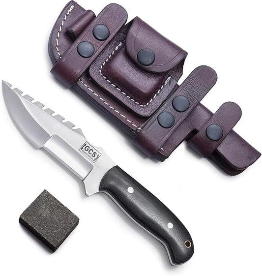 GCS Handmade D2 steel Hunting and Tactical Knife with Micarta Handle Fixed Blade Survival Knife Right Hand Scout Carry leather Sheath for Hunting Camping and EDC GCS 304 - Silver Fang