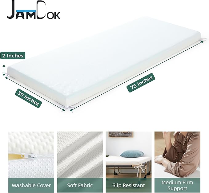 2Inch Cot Mattress Topper,Narrow Twin Foam Mattress for Camping Cot,Sofa Bed,Pull Out Chair Cushion,Portable,Roll Up Surpportive Sleep Pad(75 x 30)