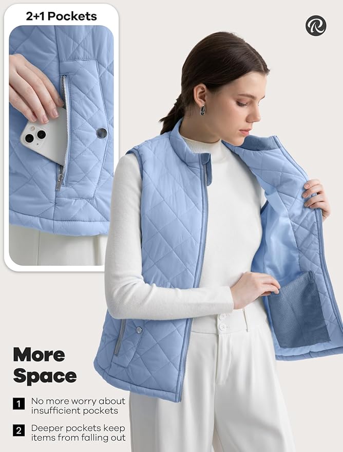 Women's Vest, Quilted Puffer Water-Resistant Zip With Pockets