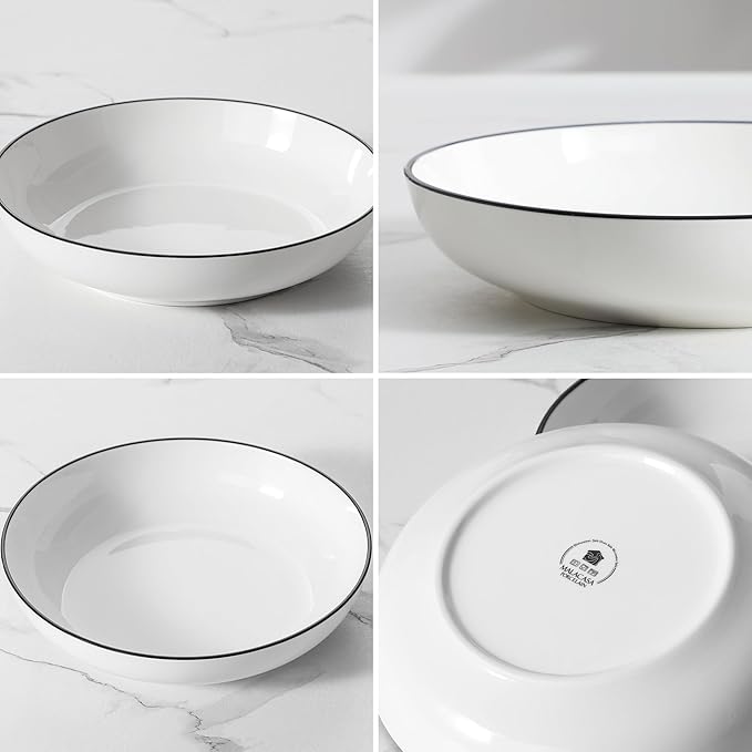 MALACASA 10" Large Pasta Bowls, 56 OZ White Salad Bowls Soup Bowls, Porcelain Serving Bowls Set of 4, Ivory White & Black Rim, Microwave & Dishwasher Safe, Series REGULAR
