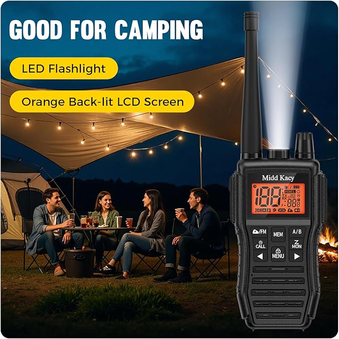 Midd Kacy MK208 Two Way Radio,Walkie Talkies,Multi-Function Walkie-Talkies with 61 Channels,121 Privacy Codes,New Flashlight,MEM,IP55 Waterproof,SOS,NOAA Weather Alerts,VOX-Black,2 Pack