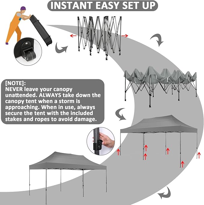 COBIZI 10x20 Pop Up Canopy Without Sidewall,Heavy Duty Canopy UPF 50+ All Season Wind Waterproof Commercial Outdoor Wedding Party Tents for Parties Gazebo with Roller Bag(10 x 20 ft Gray)