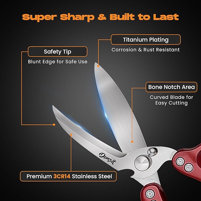 Heavy Duty Poultry Shears – Kitchen Scissors for Meat, Chicken, Turkey, and Vegetables – Non-Slip Handle, Safety Lock, Dishwasher Safe