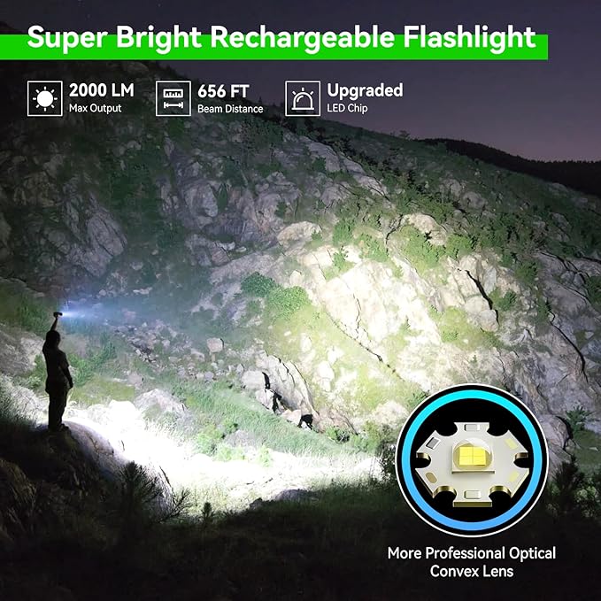 LETMY Rechargeable Flashlights High Lumens, 2 Pack 2000 Lumens Bright LED Tactical Flashlight, 3 Modes Samll Powerful Flash Lights with Clip, Waterproof Flashlights for Home Emergency Camping (Green)