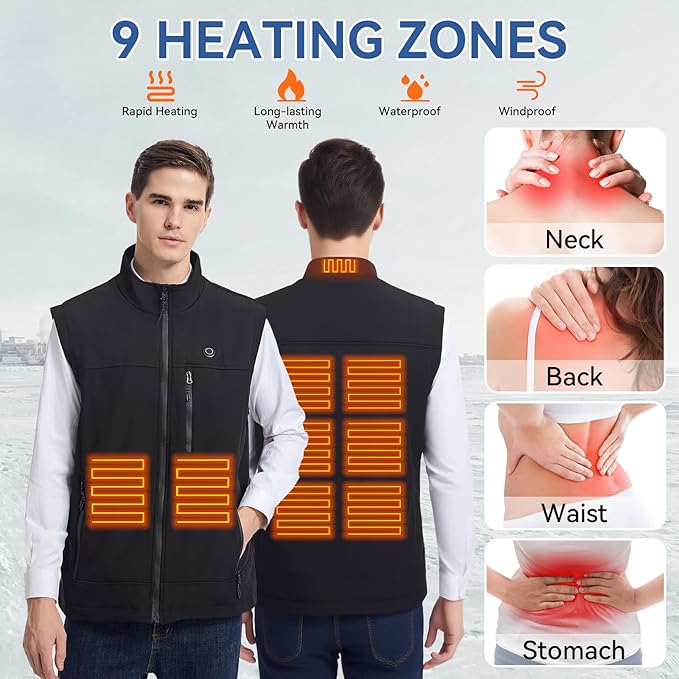 Soft Shell Heated Vest for Men with Battery, 9 Heating Zone Lightweight Insulated heating Vest for Winter Outdoor