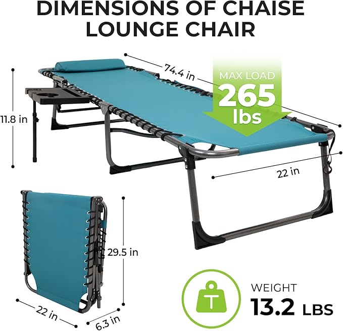 FUNDANGO 2 Pack Folding Chaise Lounge Chair Outdoor, 5 Positions Foldable Beach Lounges Chairs for Adults with Side Table & Pillow for Outside Tanning Pool Camping Patio Lawn (Cyan)