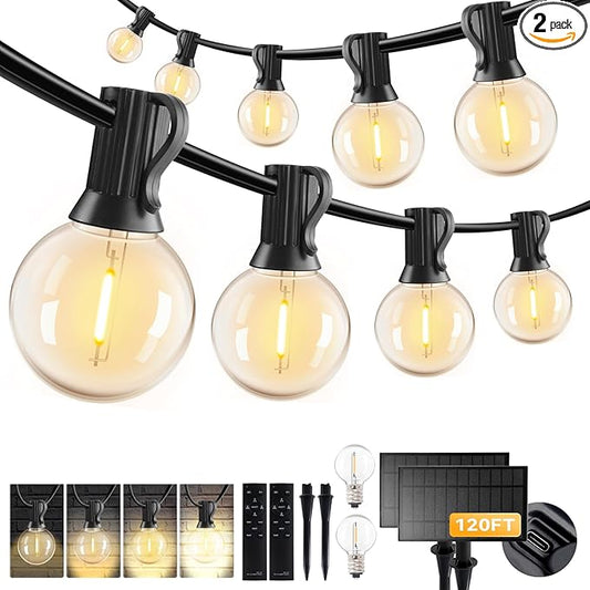 HJQ 120FT(60x2) Solar String Lights Waterproof, Patio Lights Solar Powered with Remote & USB Port, 40+2 LED Shatterproof Bulbs, 3 Modes, Dimmable Solar Lighting Hanging for Camping Backyard Garden