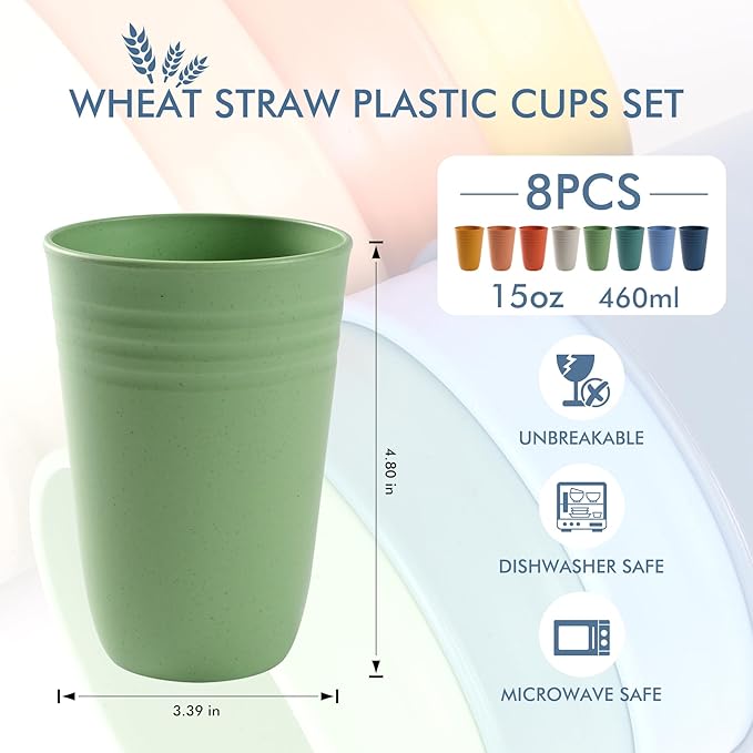 HOTEC 8-Pack 15oz Plastic Cups, BPA-Free Reusable Drinking Cup set, Unbreakable Tumblers, Dishwasher Safe Water Plastic Glasses, Multicolor