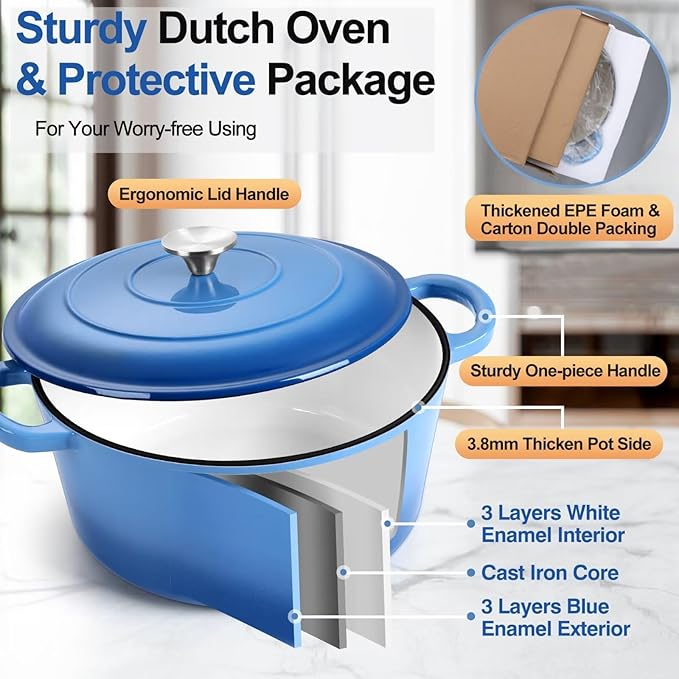 P&P CHEF 6QT Enameled Dutch Oven, Cast Iron Dutch Oven Pot with Lid for Bread Baking, Enameled Casserole Pot for Roasting Braising Stewing Frying Simmering, Various Stoves & Easy Clean, Blue