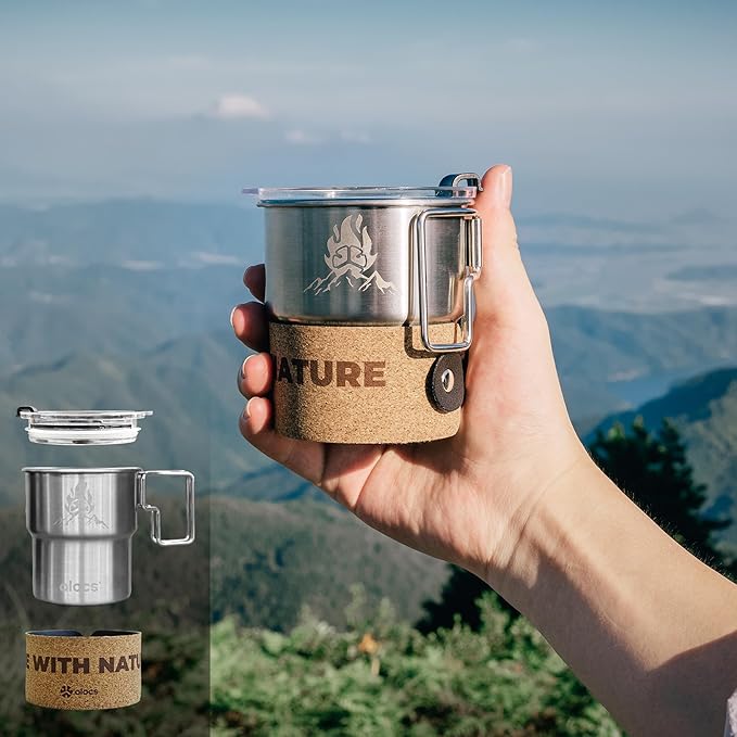 Alocs Camping Mug - Stainless Steel Travel Coffee Mug - Camping Coffee Mugs with Foldable Handle - 10 oz Camping Cup with Lids - Portable Travel Mug for Outdoor Backpacking Hiking Climbing Climbing