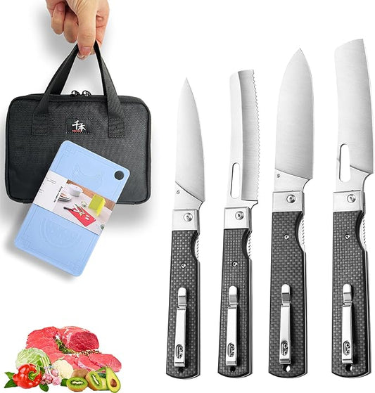 SENBON 440 Stainless Steel Sharp Set Folding Chef Knife Peeling Knife Fruit Knife Carbon Fiber Handle Camping Barbecue Outdoor Portable Kitchen Knife with Back Clip