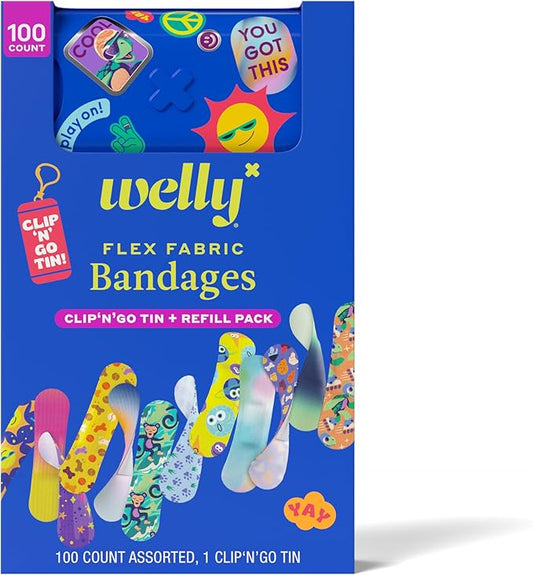 Welly Bandage Clip N' Go Tin & Refill Pack | Adhesive Flexible Fabric Bandages and Tin | Assorted Shapes and Patterns for Minor Cuts, Scrapes, and Wounds - 100 Count