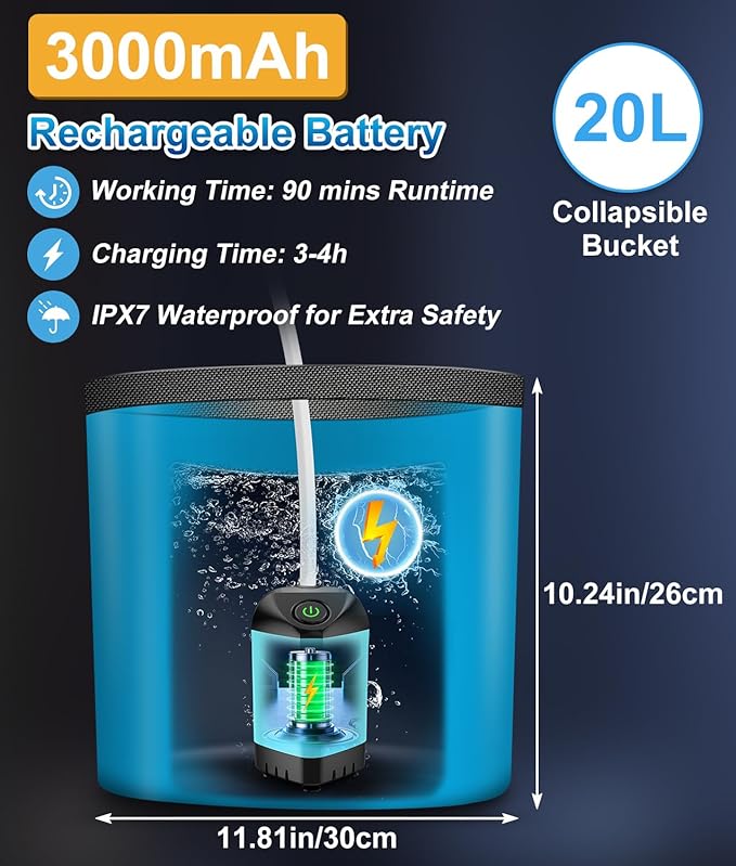 WADEO Portable Shower for Camping, Outdoor Electric Shower Rechargeable Pump with 20L Collapsible Bucket, Camping Shower Head Nozzle for Camping, Hiking, Traveling, Washing