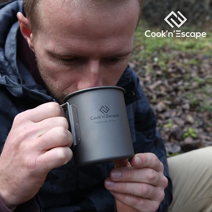 COOK'N'ESCAPE 375ml Camping Mug, Small Titanium Cup with Lightweight Backpacking Coffee Mug Foldable Handle for Outdoor Hiking Picnic Open Fire Cooking