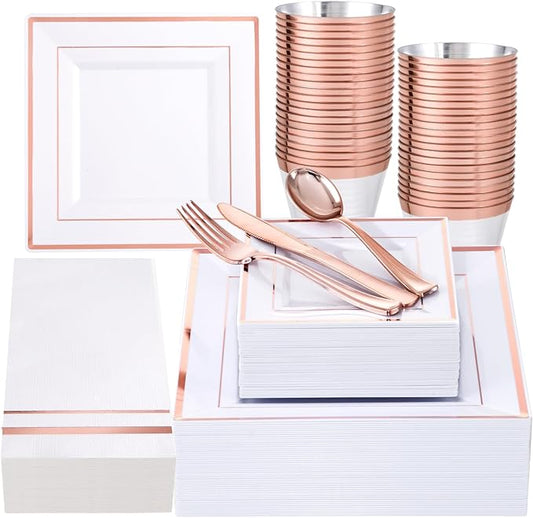 Festiva 350Pcs Rose Gold Plates and Napkins Party Supplies-Square White and Rose Gold Disposable Dinnerware include Plates Cups Cutlery Napkins for 50 Guests Wedding &Party&Mother's Day