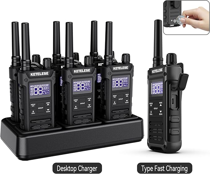 T3G Heavy Duty Walkie Talkies Type-C Rechargeable, IP67 Waterproof 2 Way Radios with Earpiece, Adapter, Dock, PTT Group, NOAA, VOX, 6 Pack Walkie Talkie for Adult Black/Grey