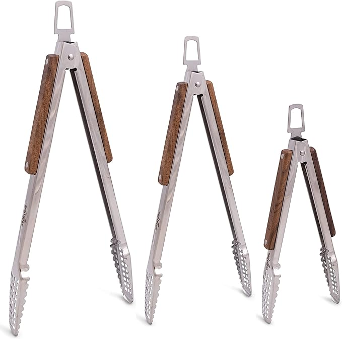 Stainless Steel BBQ Grill Tongs - 9", 12" & 16" Sizes, Real Walnut Wood Handle - Durable Grilling Accessory, Easy to Clean - 3-Pack