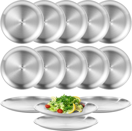 OMISTAR 10 Pcs Stainless Steel Dinner Plates, Reusable Brushed Metal Plates, 10 inch Round Dinner Dishes, Serving Plates for Main Dishes, Unbreakable Kitchenware, Dishwasher Safe