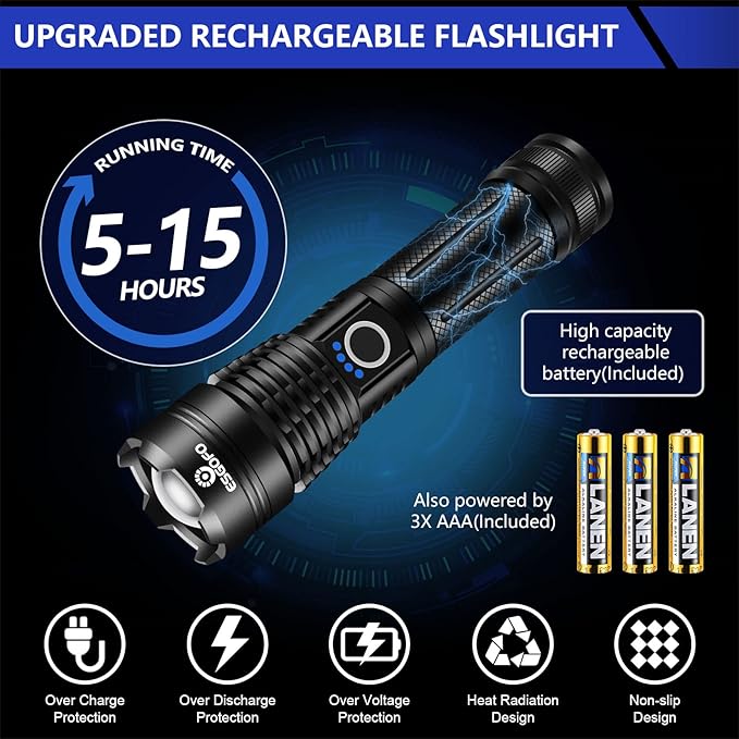 Esgofo Flashlights High Lumens Rechargeable, Super Bright Handheld LED Flash Light, Powerful Emergency Linternas, Waterproof, Long Lasting, for Hiking Camping Gift