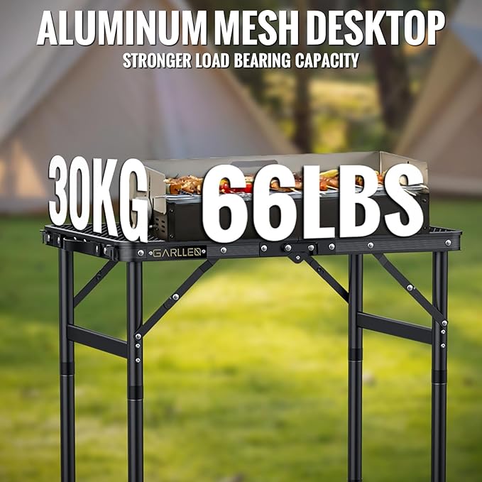 GARLLEN 2ft Folding Grill Table, 3 Adjustable Height Lightweight Camping Table with Heat-Resistant Mesh Desktop, Portable Aluminum Outdoor Tables for BBQ, Camping, Picnic, 22.8" L x 15.7" W, Black