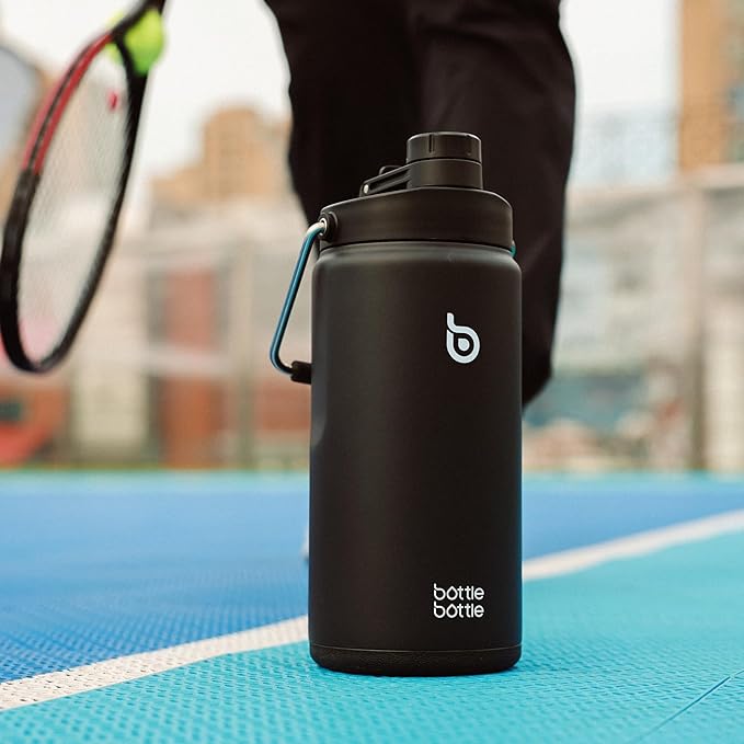 BOTTLE BOTTLE Insulated Water Bottle 64 oz with Straw and Dual-use Lid Half Gallon Water Jug Vacuum Stainless Steel for Workout and Sports Insulated Beer Growler with Handle Dark black