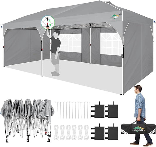 COBIZI 10x20 Pop Up Canopy: Canopy Tent with Patented Center-Lock Tech | Quick-Setup,UV-Reflective & Detachable Walls | 210D Waterproof | 3 Height Adjustments for Parties,Weddings,Outdoor Events(Gray)