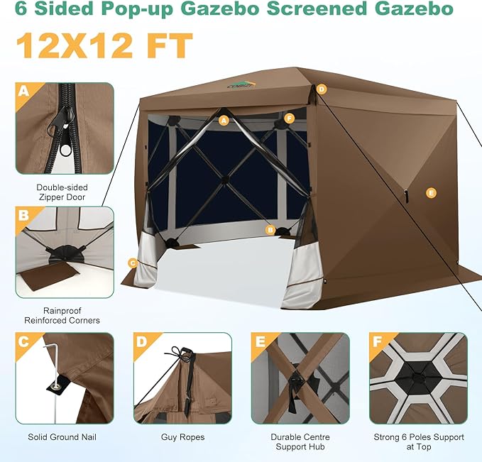 COBIZI 12x12 Pop up Gazebo Screen House Tent for Camping, Outdoor Canopy with Removable Roof&Sidewalls, Portable Hub Tent with Carrying Bag and Ground Stakes, Brown