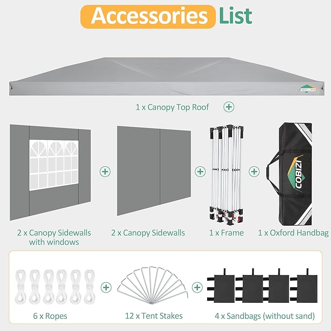 COBIZI 10x20 Pop Up Canopy: Canopy Tent with Patented Center-Lock Tech | Quick-Setup,UV-Reflective & Detachable Walls | 210D Waterproof | 3 Height Adjustments for Parties,Weddings,Outdoor Events(Gray)