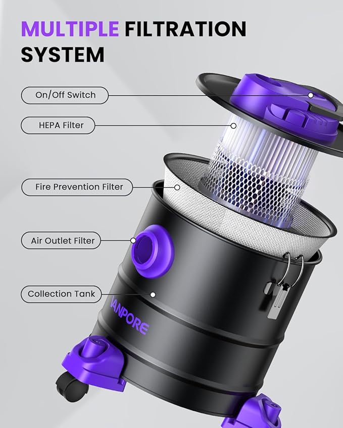 Ash Vacuum for Pellet Stoves: 5.2 Gallon Fireplace Ash Vac with 1200w Powerful Suction & Wheeled Base - Ash Vacuum Cleaner for Fireplaces, Pellet Grill, Wood Stove, Fire Pits