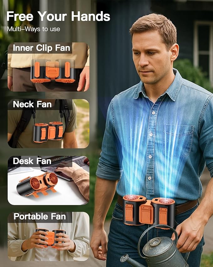 Andwing Portable Waist Fan Rechargeable, Detachable Dual Motors Personal Fans 5 Speeds 20000RPM Strong Airflow, 10000mAh 24H Runtime, Portable Neck Fan, Waist Belt Clip Fan (Black&Orange)