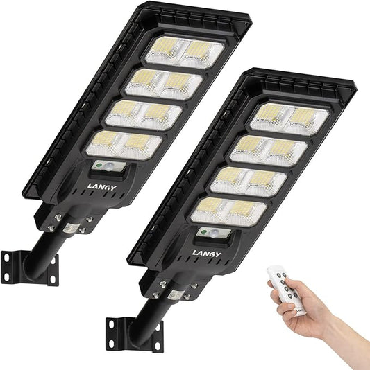 Solar Street Lights Outdoor 2PACK, 200000 LM Solar Security Flood Lights Parking Lot Lights Commercial Dusk to Dawn Motion Sensor, IP65 Waterproof Solar Powered Outdoor Llights for Yard, Barn etc