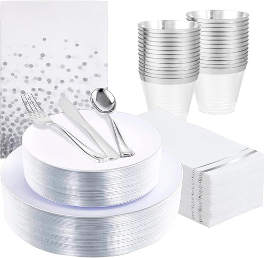 Festiva 176Pcs Silver Plastic Christmas Plates - Party Plates and Cups and Napkins Sets: 25Dinner Plates 25Dessert Plates 25Cups 25 Cutlery 25 Napkins 1Tablecloth for New Year Party&Wedding&Christmas