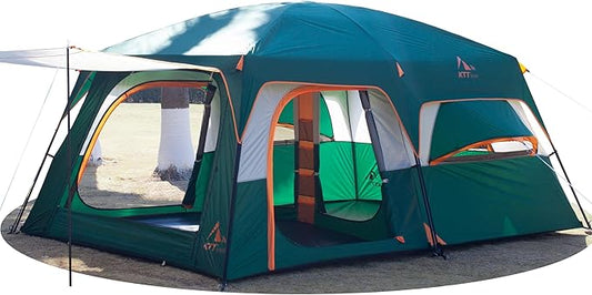 KTT Extra Large Tent 6-10-12-14 Person(A),Family Cabin Tents,2 Rooms,3 Doors and 3 Windows with Mesh,Straight Wall,Waterproof,Double Layer,Big Tent for Outdoor,Picnic,Camping,Family Gathering