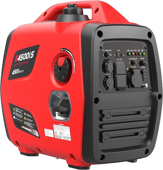 4500W Portable Generator Super Quiet Inverter Generator Ultra Lightweight for Home Backup Outdoor Camping, RV Ready Parallel Capable, Long Run Time, CO Sensor Protect, EPA, ECO Mode