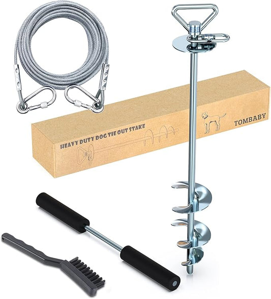 TOMBABY Dog Tie Out Cable and Stake,with 20FT Heavy Duty Cable,360° Swivel Dog Anchor& Anti-Tangle,Dog Runner for Yard,Dog Stake Allows Dogs Up to 210 lbs, Dog Stakes for Outside Beach,Camping, Yard