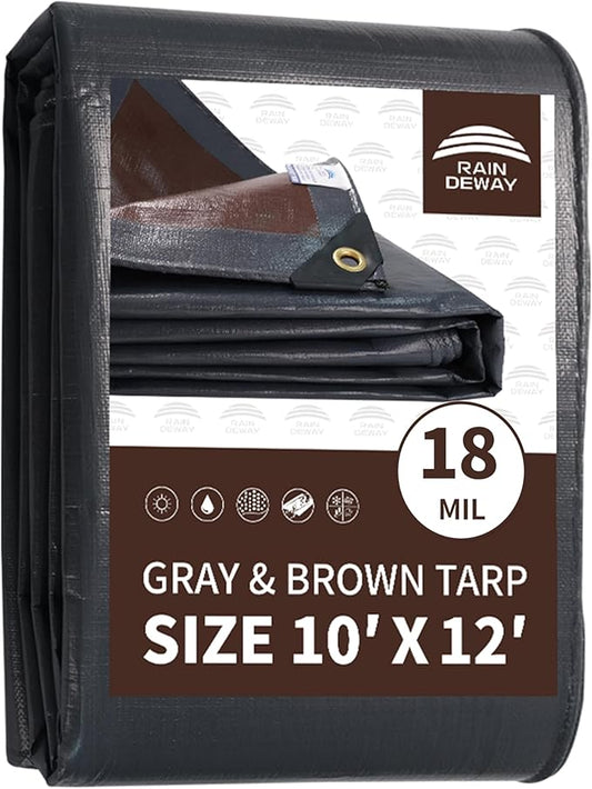 RAINDEWAY 10x12 Feet Super Heavy Duty Tarp 18 Mil, UV Resistant, Weatherproof, Multipurpose Waterproof Poly Tarp with Grommets and Reinforced Edges, Brown/Gray Tarps